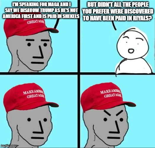 Yeah it wasn't just Tucker, look up on Massie's fundings for starters. One of the times I can justify using this meme. | but didn't all the people you prefer were discovered to have been paid in riyals? i'm speaking for maga and i say we disavow trump as he's not america first and is paid in shekels | image tagged in frustrated maga npc,rino,tds,jewsperg,maga | made w/ Imgflip meme maker
