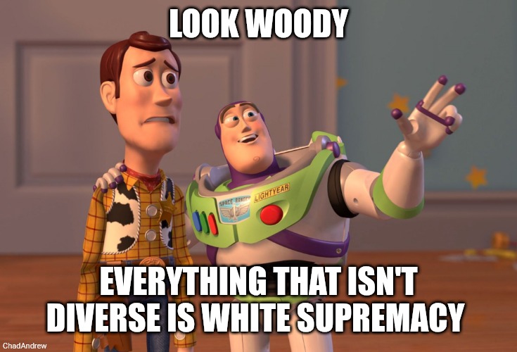 Look woody Everything that isn't diverse is white supremacy | image tagged in memes,x x everywhere | made w/ Imgflip meme maker