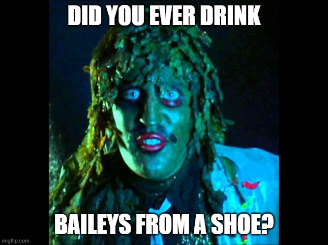 Old Gregg | Did you ever drink; baileys from a shoe? | image tagged in old gregg,baileys,funny memes,mighty boosh | made w/ Imgflip meme maker