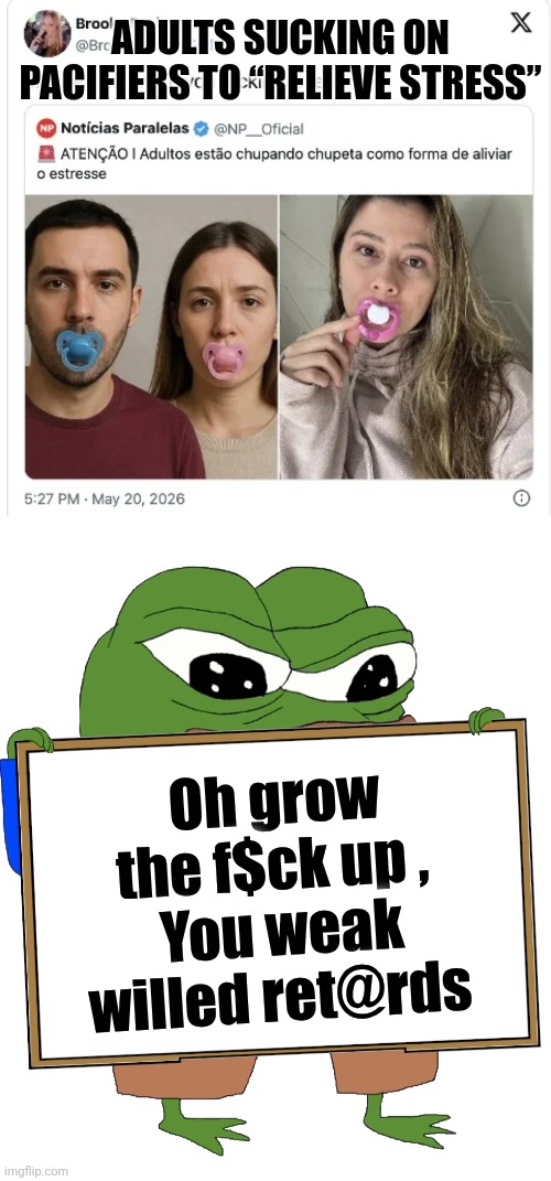 liberal memes | Adults Sucking On Pacifiers To “Relieve Stress”; Oh grow the f$ck up , 
You weak willed ret@rds | image tagged in adultpacifiers webp | made w/ Imgflip meme maker