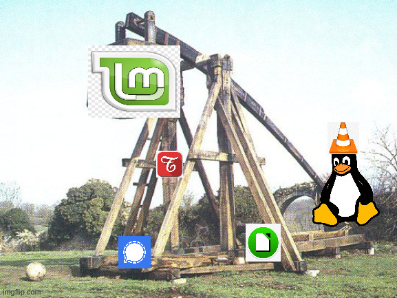 Tuxapult | image tagged in trebuchet,linux,catapult,operating system | made w/ Imgflip meme maker