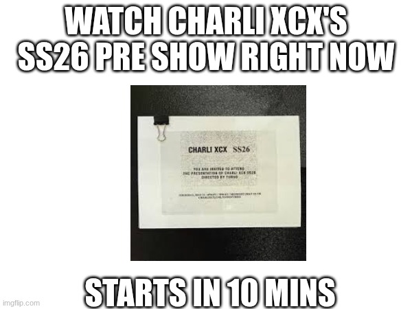 ITS ON YOUTUBE WATCH NOW! | WATCH CHARLI XCX'S SS26 PRE SHOW RIGHT NOW; STARTS IN 10 mins | image tagged in pie charts | made w/ Imgflip meme maker