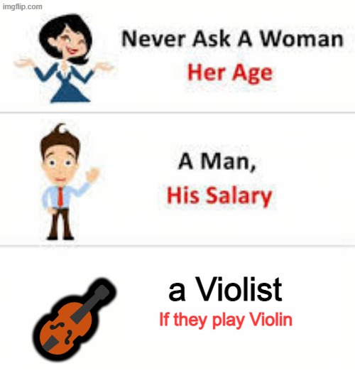 Same for the piccolo one but this one is more true since i play Viola | 🎻; a Violist; If they play Violin | image tagged in never ask a woman her age | made w/ Imgflip meme maker