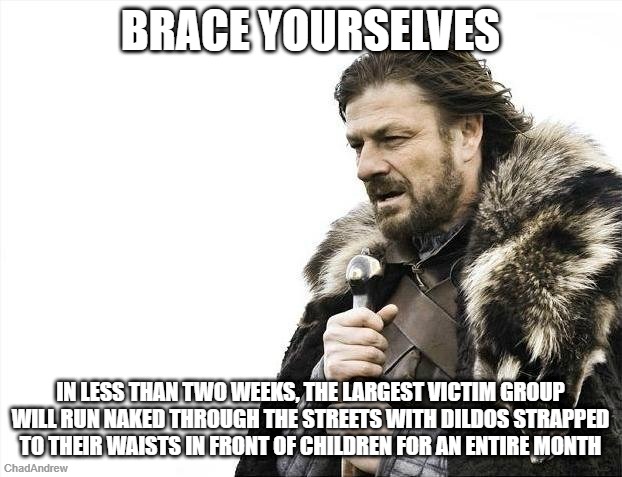 The LGBTQIA+ community will get to do things in public and in front of children that would get the rest of us arrested. | Brace yourselves; in less than two weeks, the largest victim group will run naked through the streets with dildos strapped to their waists in front of children for an entire month | image tagged in memes,brace yourselves x is coming,lgbtq,june,victims,pride month | made w/ Imgflip meme maker