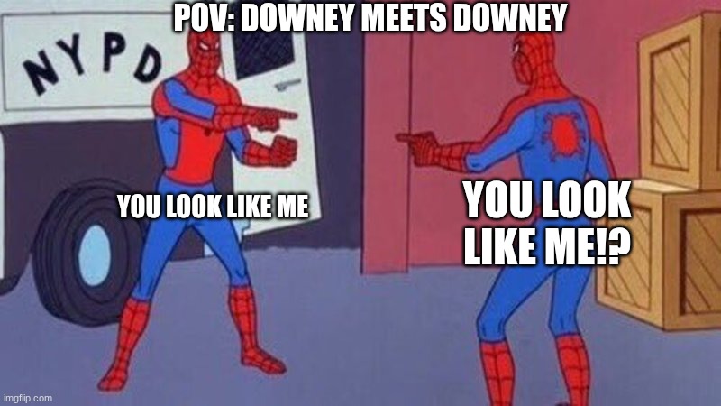 Why do they all like the same??? | pov: downey meets Downey; you look like me!? you look like me | image tagged in spiderman pointing at spiderman,down syndrome,meme life | made w/ Imgflip meme maker