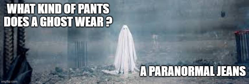 What kind of pants does a ghost wear?    --  funny  -- | What kind of pants does a ghost wear ? a paranormal jeans | image tagged in funny,humor,ghost,play on words,funny meme | made w/ Imgflip meme maker