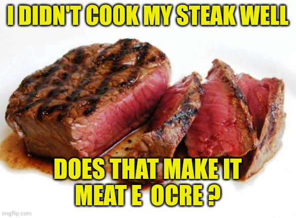 Rare Steak | I didn't cook my steak well; Does that make it
Meat e  ocre ? | image tagged in rare steak | made w/ Imgflip meme maker