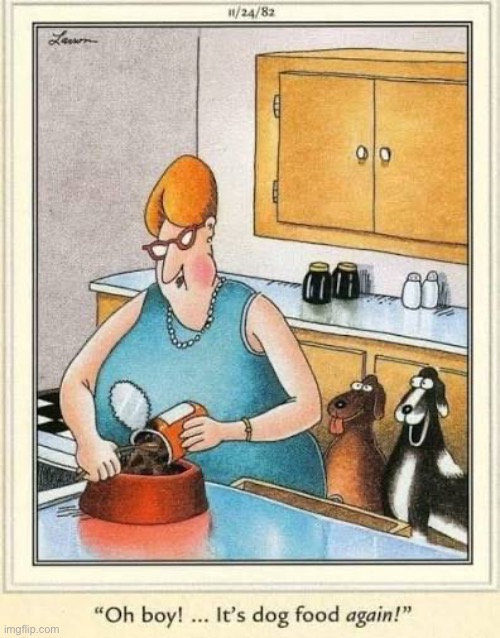 They’re easy to please! | image tagged in the far side,comics,dogs,feeding time,happy | made w/ Imgflip meme maker