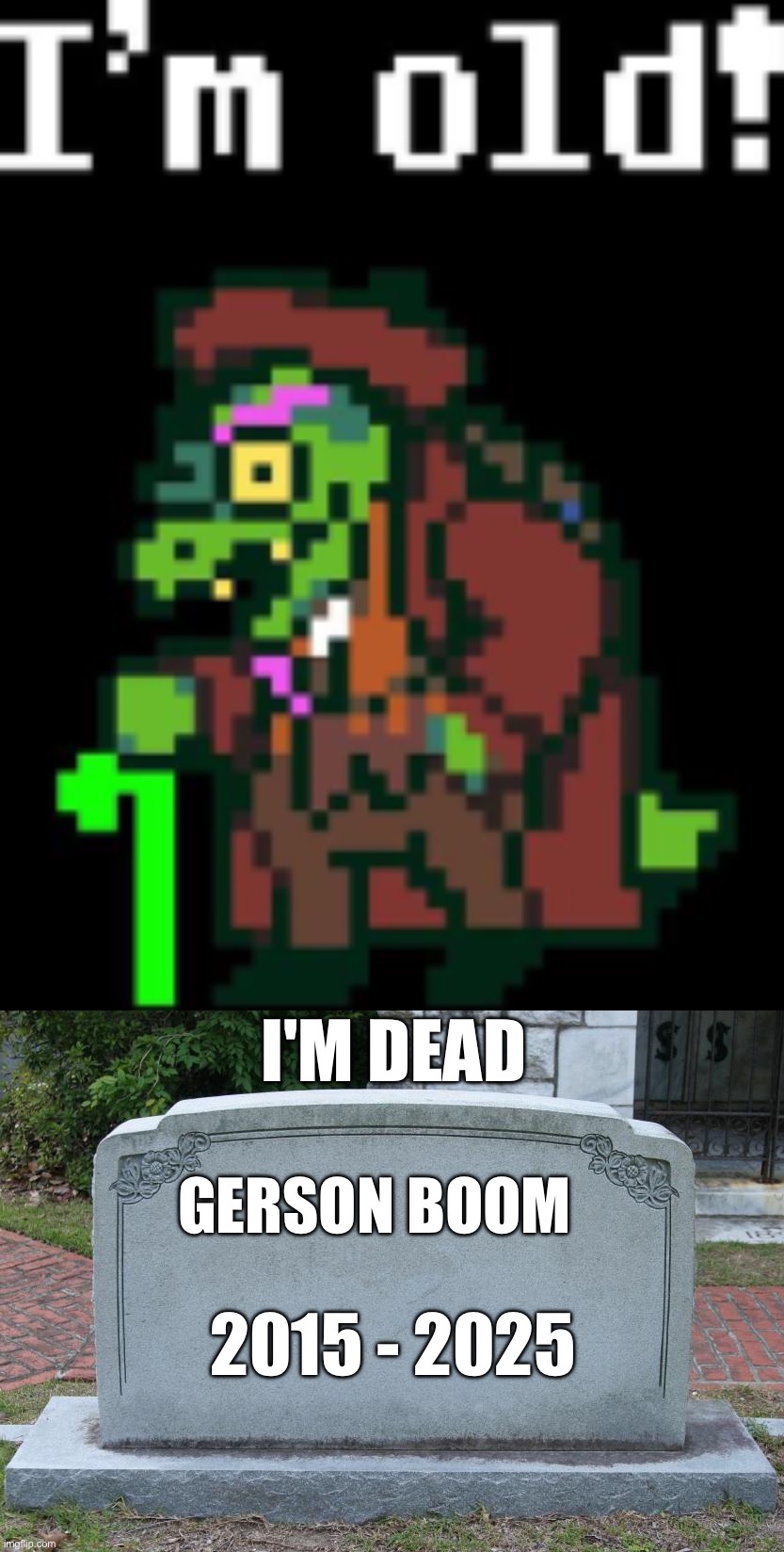 I'm dead; Gerson boom; 2015 - 2025 | image tagged in i'm old,gravestone | made w/ Imgflip meme maker