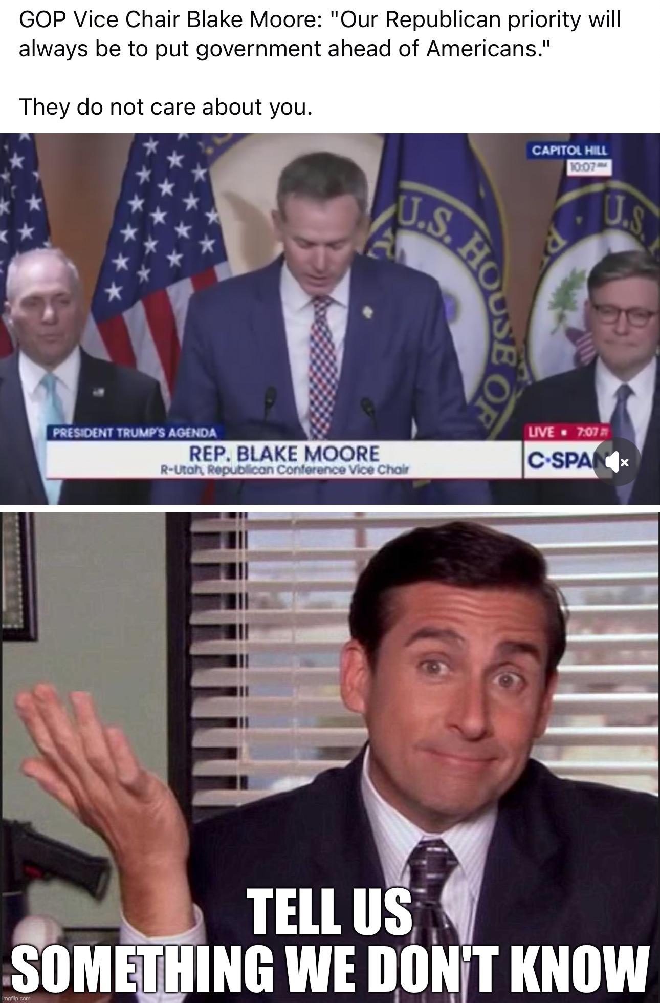 Tell us something we don't know | image tagged in michael scott | made w/ Imgflip meme maker