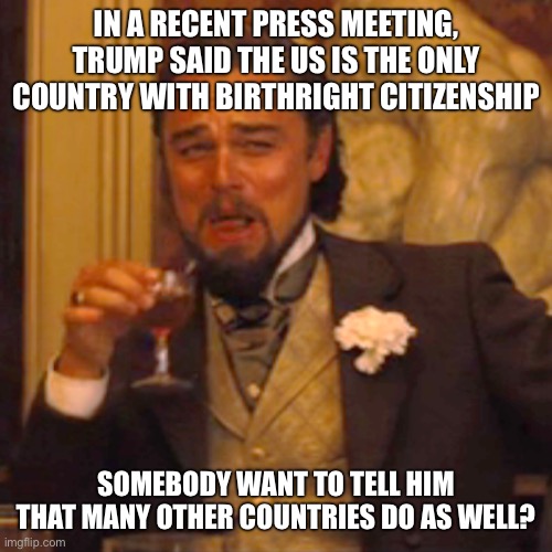 He also confused $149B and $149M, which are two different numbers | In a recent press meeting, trump said the us is the only country with birthright citizenship; Somebody want to tell him that many other countries do as well? | image tagged in memes,laughing leo | made w/ Imgflip meme maker