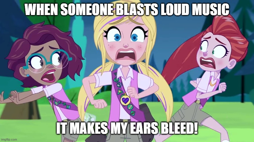 Loud music... | When someone blasts loud music; It makes my ears bleed! | image tagged in polly pocket runs away from the grinch | made w/ Imgflip meme maker