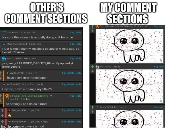 Why tho | My comment sections; Other's comment sections | image tagged in funny memes,why,why are you reading the tags,party | made w/ Imgflip meme maker