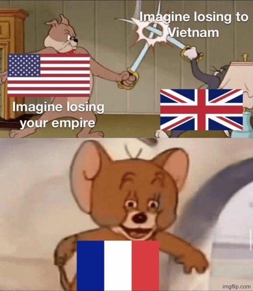 The French always shock you! | image tagged in britain,france,america,tom and jerry swordfight,vietnam,tom and jerry | made w/ Imgflip meme maker