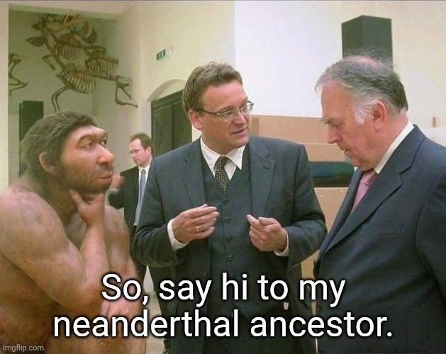 Neanderthal Ancestor | So, say hi to my neanderthal ancestor. | image tagged in two men talking one monkey listening,funny memes,history,science | made w/ Imgflip meme maker