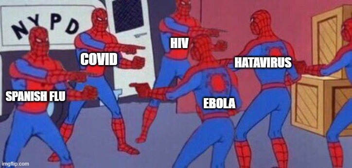 5 Spider-Mans pointing at each others | HIV; COVID; hatavirus; Spanish Flu; Ebola | image tagged in 5 spider-mans pointing at each others | made w/ Imgflip meme maker