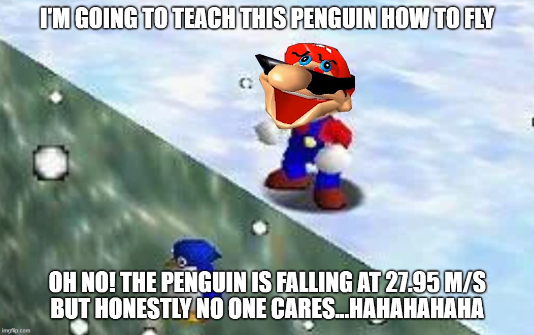 Penguin drop | i'm going to teach this penguin how to fly; oh no! the penguin is falling at 27.95 m/s
but honestly no one cares...hahahahaha | image tagged in mario suffer more penguin drop super mario 64,remix,flick7,suffer more,super mario 64 | made w/ Imgflip meme maker