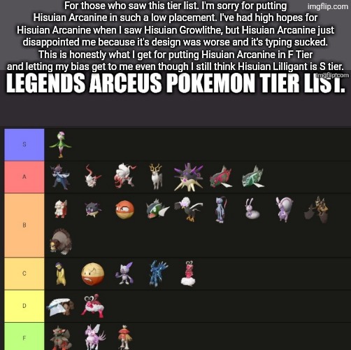 The Hisuian Arcanine situation. | For those who saw this tier list. I'm sorry for putting Hisuian Arcanine in such a low placement. I've had high hopes for Hisuian Arcanine when I saw Hisuian Growlithe, but Hisuian Arcanine just disappointed me because it's design was worse and it's typing sucked. This is honestly what I get for putting Hisuian Arcanine in F Tier and letting my bias get to me even though I still think Hisuian Lilligant is S tier. | image tagged in tier list,pokemon | made w/ Imgflip meme maker