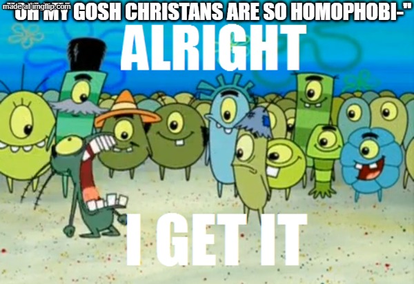 I GET IT BRO I GET YOU'RE MAD | "Oh my gosh Christans are so homophobi-" | image tagged in alright i get it,chirstan,stary_nova,why did i make this,oh wow are you actually reading these tags | made w/ Imgflip meme maker