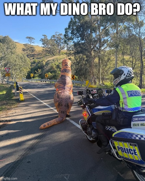 Dinosaur Cop Bike | What my Dino bro do? | image tagged in police,harassment,escort,arrest | made w/ Imgflip meme maker