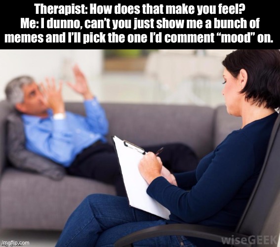 Mood | Therapist: How does that make you feel?
Me: I dunno, can’t you just show me a bunch of memes and I’ll pick the one I’d comment “mood” on. | image tagged in psychologist,mood,memes,therapy,psychology,feelings | made w/ Imgflip meme maker