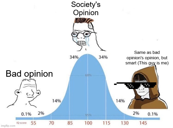bella curve | Society's Opinion; Same as bad opinion's opinion, but smart (This guy is me); Bad opinion | image tagged in bell curve,remix | made w/ Imgflip meme maker