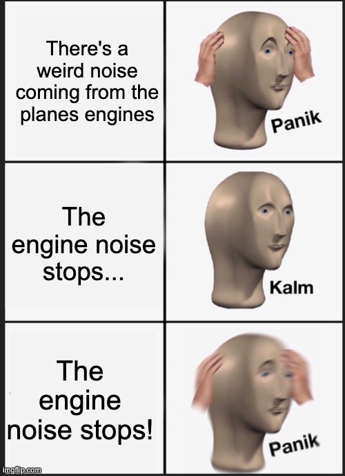 I'm a pilot BTW but this has never happened to me | There's a weird noise coming from the planes engines; The engine noise stops... The engine noise stops! | image tagged in panik calm panik,dark,planes,plane crash,engine | made w/ Imgflip meme maker