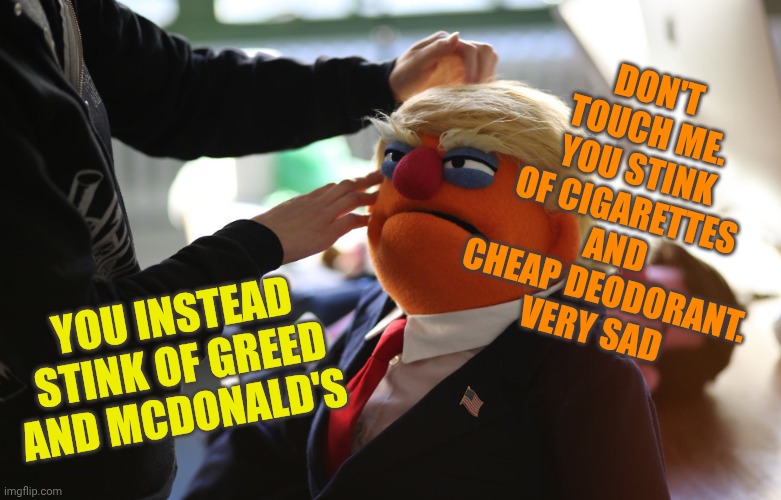These Trump puppets are very mean | Don't touch me. You stink of cigarettes and cheap deodorant. Very sad; You instead stink of greed and McDonald's | image tagged in trump muppet | made w/ Imgflip meme maker