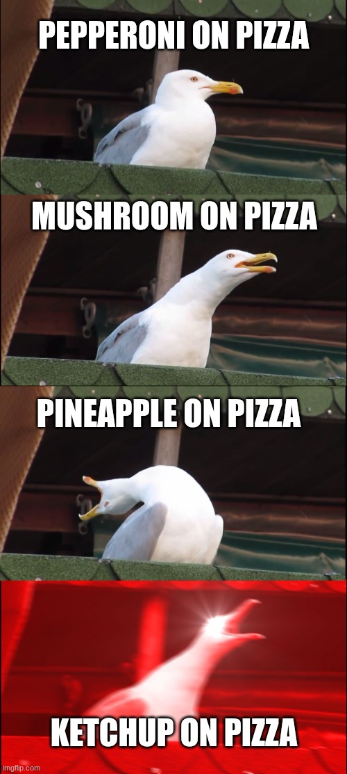 ketchup on pizza is illegal (at least it should be) | pepperoni on pizza; mushroom on pizza; pineapple on pizza; ketchup on pizza | image tagged in memes,inhaling seagull,pizza | made w/ Imgflip meme maker