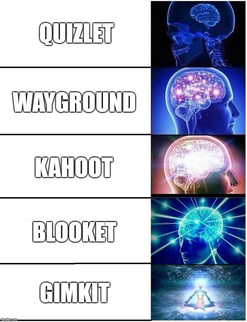 Gimkit is absolutely goated | Quizlet; Wayground; Kahoot; Blooket; Gimkit | image tagged in expanding brain 5 panel | made w/ Imgflip meme maker