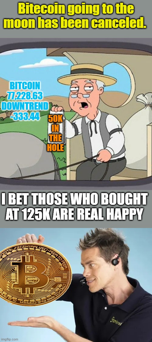 Digital Ponzi | BITCOIN
77,228.63
Downtrend
-333.44; Bitecoin going to the moon has been canceled. 50K in the hole; I bet those who bought at 125k are real happy | image tagged in memes,pepperidge farm remembers | made w/ Imgflip meme maker