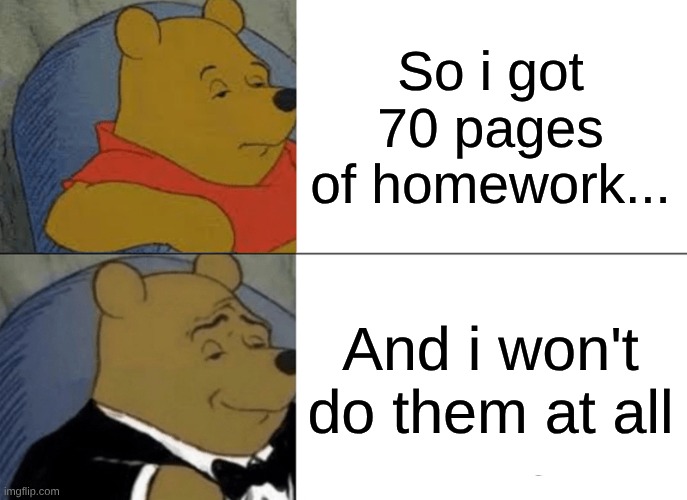 Relatable shi you can find on this website | So i got 70 pages of homework... And i won't do them at all | image tagged in memes,tuxedo winnie the pooh,remix,school,oh wow are you actually reading these tags | made w/ Imgflip meme maker