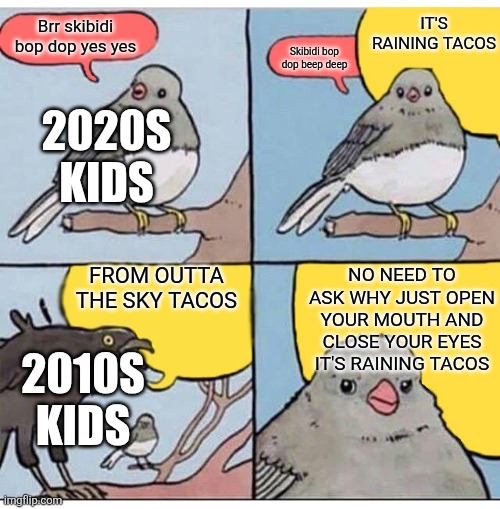 Roblox elevator | IT'S RAINING TACOS; Brr skibidi bop dop yes yes; Skibidi bop dop beep deep; 2020s kids; FROM OUTTA THE SKY TACOS; NO NEED TO ASK WHY JUST OPEN YOUR MOUTH AND CLOSE YOUR EYES IT'S RAINING TACOS; 2010s kids | image tagged in annoyed bird,2010s,nostalgia,kids,childhood,song | made w/ Imgflip meme maker