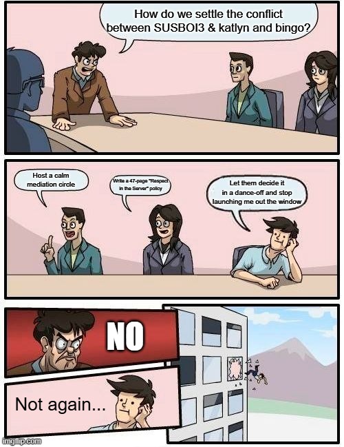 bruh | How do we settle the conflict between SUSBOI3 & katlyn and bingo? Host a calm mediation circle; Write a 47-page "Respect in the Server" policy; Let them decide it in a dance-off and stop launching me out the window; no; Not again... | image tagged in memes,boardroom meeting suggestion,remix | made w/ Imgflip meme maker