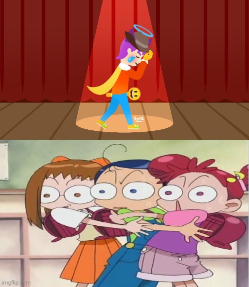 Doremi, Hazuki and Aiko witnessing The Great Emojini's entrance. | image tagged in emojini,the great emojini,magical doremi,ojamajo doremi,funny | made w/ Imgflip meme maker