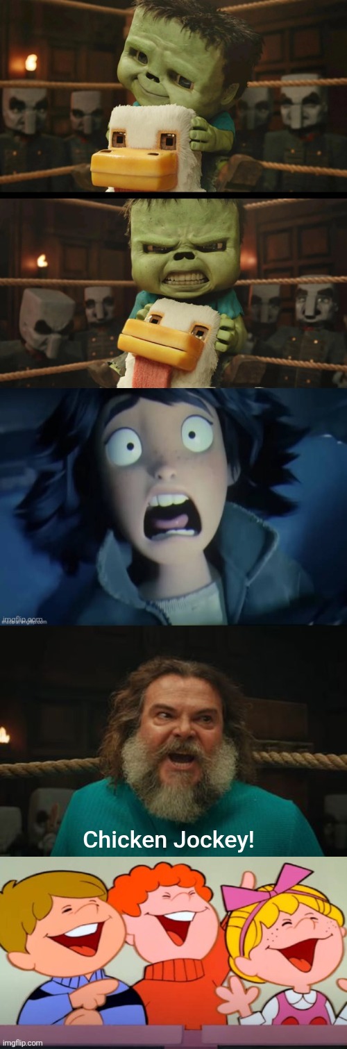 Chicken Jockey scene, my version. (Very funny!) | Chicken Jockey! | image tagged in chicken jockey,hoppers,minecraft,minecraft steve,minecraft movie,funny | made w/ Imgflip meme maker