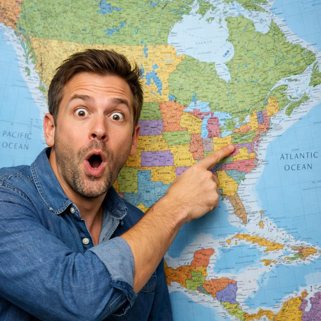 Someone pointing to a map of America looking suprised Blank Meme Template