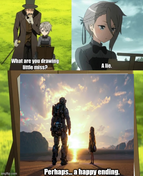 What are you drawing little miss | Perhaps... a happy ending. | image tagged in what are you drawing little miss | made w/ Imgflip meme maker