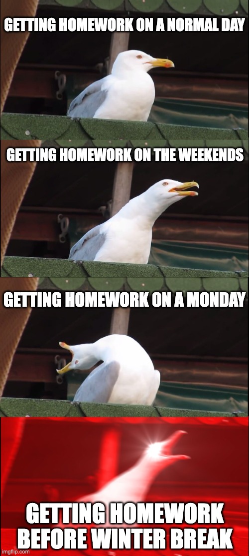 HOW DO U LIKE MATH? | Getting homework on a normal day; Getting homework on the weekends; getting homework on a monday; Getting homework before winter break | image tagged in memes,inhaling seagull | made w/ Imgflip meme maker