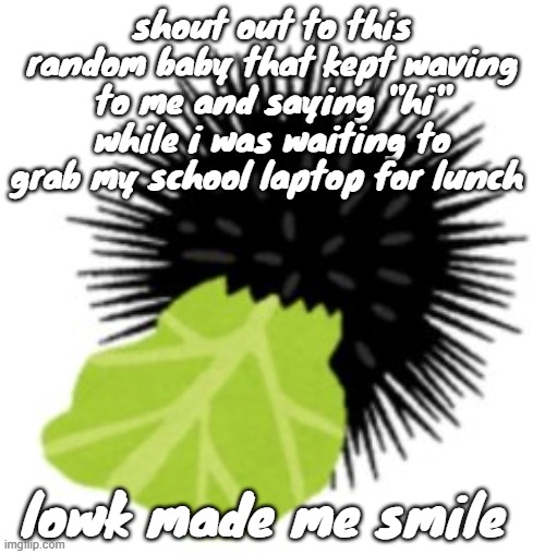 shout out to this random baby that kept waving to me and saying "hi" while i was waiting to grab my school laptop for lunch; lowk made me smile | made w/ Imgflip meme maker