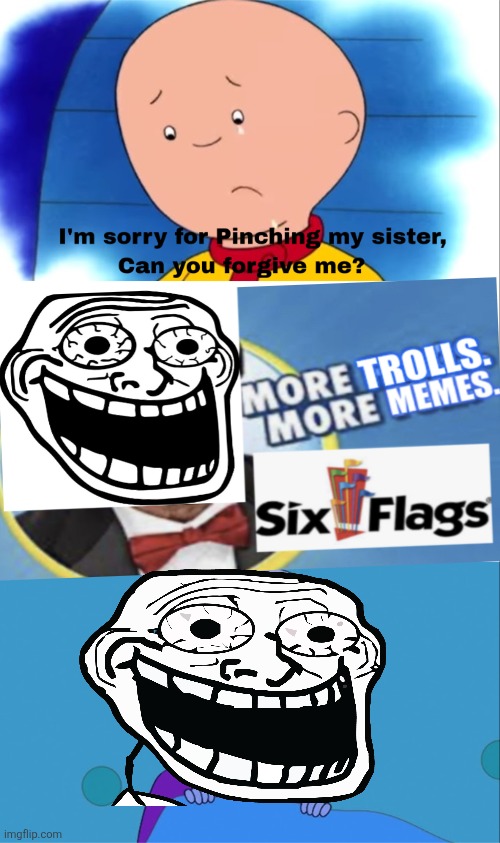 MORE TROLLS MORE MEMES | image tagged in who denies caillou's apology | made w/ Imgflip meme maker