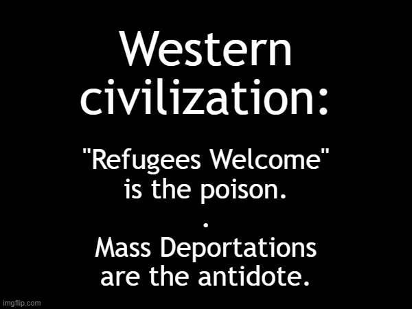 Western civilization has been poisoned; mass deportations are the antidote | Western
civilization:; "Refugees Welcome"
is the poison.
.
Mass Deportations
are the antidote. | image tagged in illegal immigration,deportation,rape culture,looting,crime,violence | made w/ Imgflip meme maker