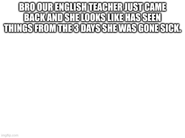 Sorry for not being art but yeah she looks like she is going to faint at any moment (Also got a Loaner Chromebook till the 27th) | Bro our English teacher just came back and she looks like has seen things from the 3 days she was gone sick. | made w/ Imgflip meme maker