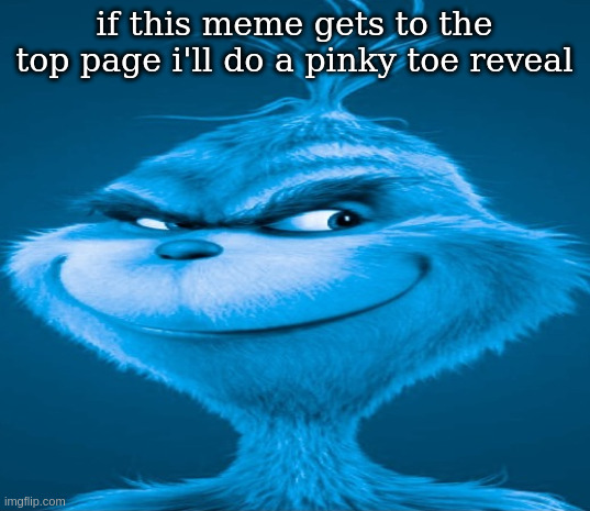 (¬ ͜  ͡¬) | if this meme gets to the top page i'll do a pinky toe reveal | image tagged in blue grinch,hi,lol | made w/ Imgflip meme maker