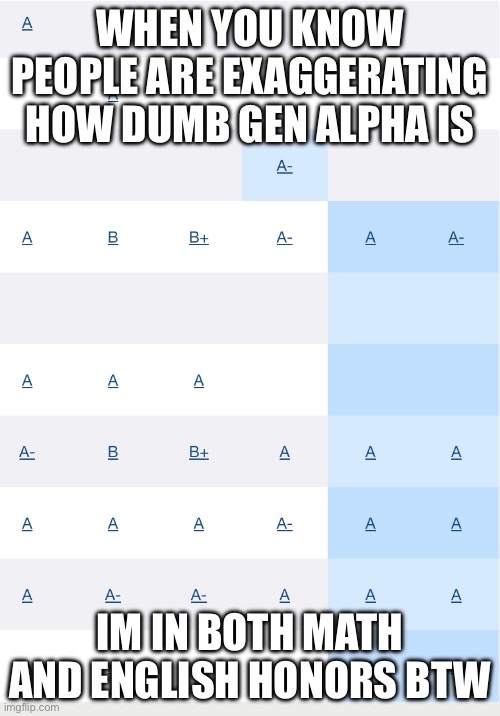 People just being mean at this point | When you know people are exaggerating how dumb gen alpha is; im in both math and English honors btw | image tagged in img_1102 jpeg | made w/ Imgflip meme maker