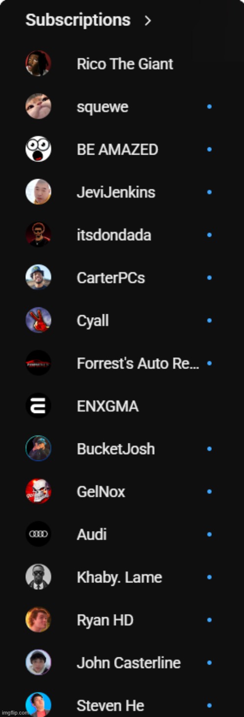 don't ask why i have Audi in my subscriber lists, and that's just the first few | image tagged in subscribe | made w/ Imgflip meme maker