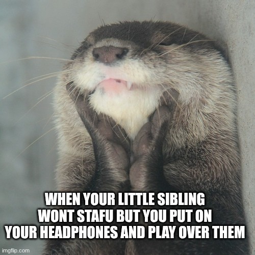 finally | when your little sibling wont stafu but you put on your headphones and play over them | image tagged in blissful otter | made w/ Imgflip meme maker
