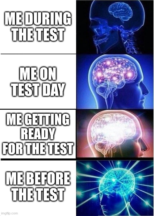 Expanding Brain Meme | me during the test; me on test day; me getting ready for the test; me before the test | image tagged in memes,expanding brain | made w/ Imgflip meme maker
