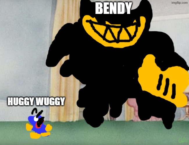 YEP Bendy No-DIFFS HUGGY WUGGY | bendy; huggy wuggy | image tagged in buff tom and jerry meme template | made w/ Imgflip meme maker