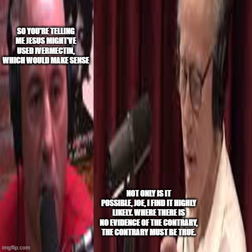 Real Talk Between Two Men. | So you're telling me Jesus might've used Ivermectin, which would make sense; Not only is it possible, joe, i find it highly likely. where there is no evidence of the contrary, the contrary must be true. | image tagged in real talk | made w/ Imgflip meme maker